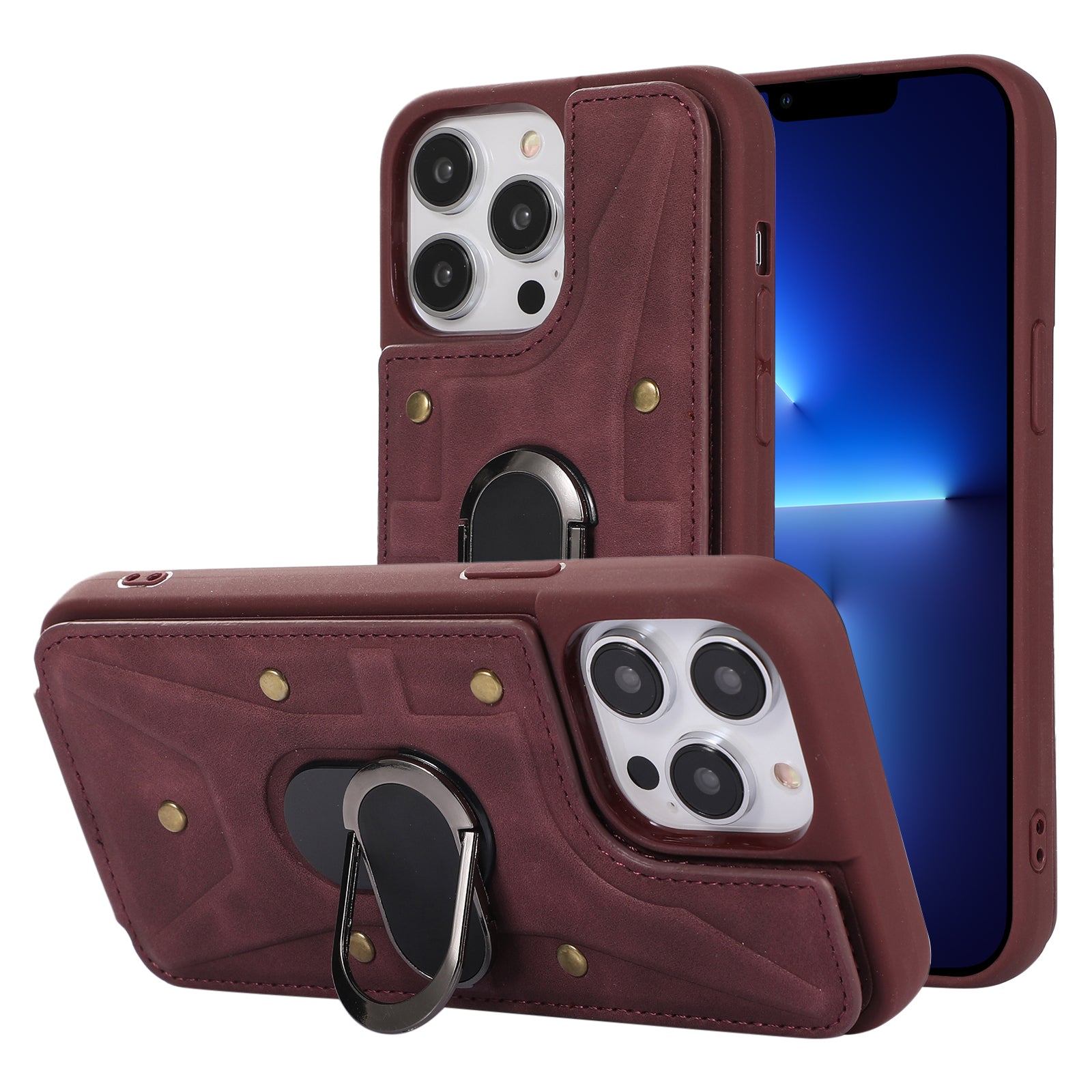 For iPhone 13 Pro 6.1 inch Card Bag Design Anti-fall Skin-touch PU Leather Coated TPU Back Case with Magnetic Ring Kickstand For iPhone 13 Pro 6.1 inch Card Bag Design Anti-fall Skin-touch PU Leather Coated TPU Back Case with Magnetic Ring Kickstand